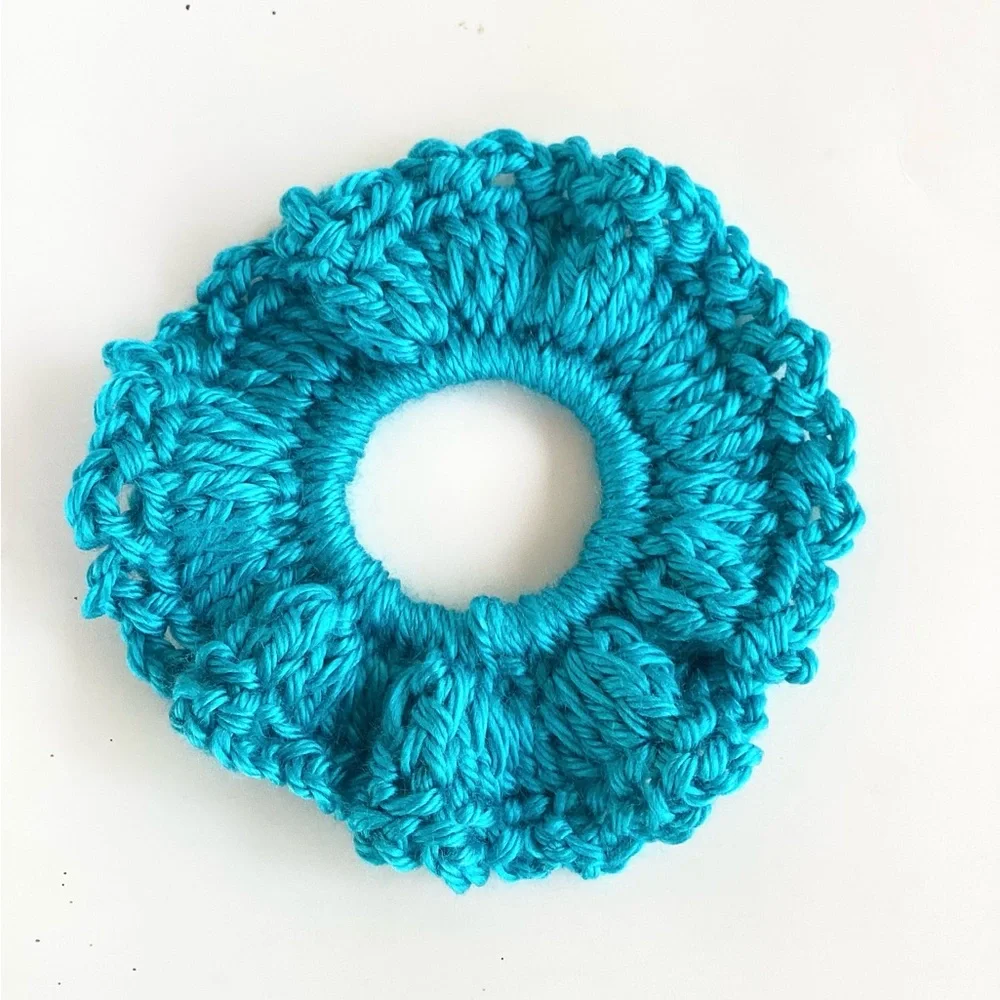 Hair Scrunchies Hand Crafted Blue Green Aquamarine Crochet Boho Messy Bun